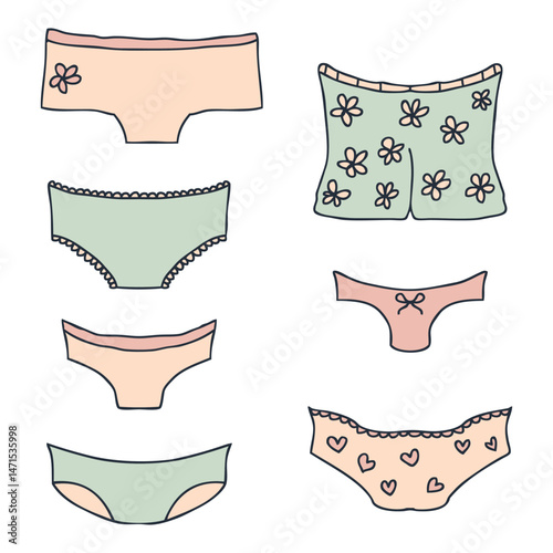 Hand drawn doodle set of women panties, underwear different types. Retro style underclothing collection. Cartoon vector illustration.