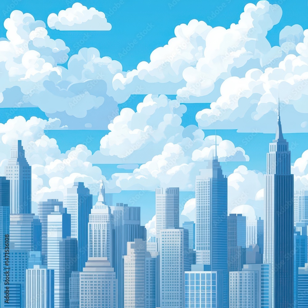 Fototapeta premium A vibrant city skyline with clouds and a blue sky, illustrating urban life and architecture.