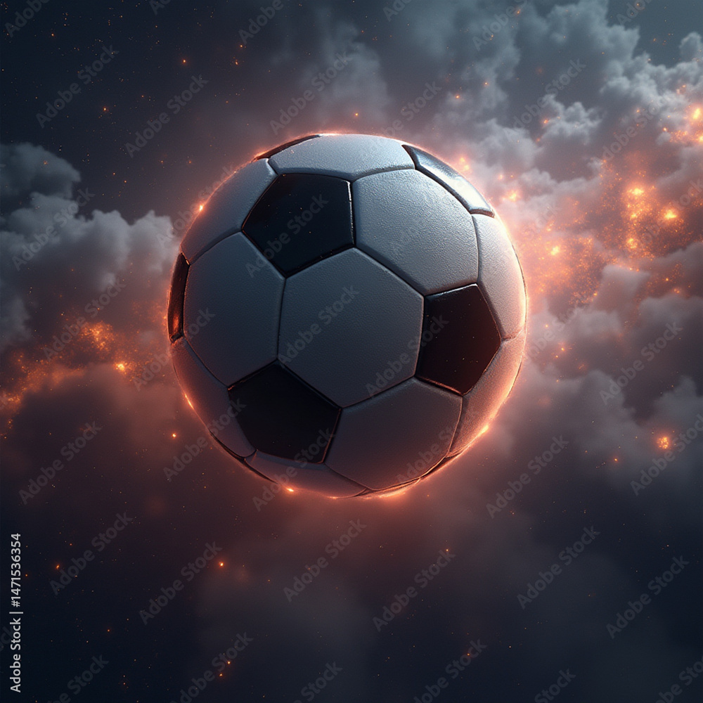 Fototapeta premium Dynamic soccer ball mid-flight through asteroid field, motion blur on rocks, glowing trail behind ball, cinematic space lighting with vibrant colors, 4K resolution detail