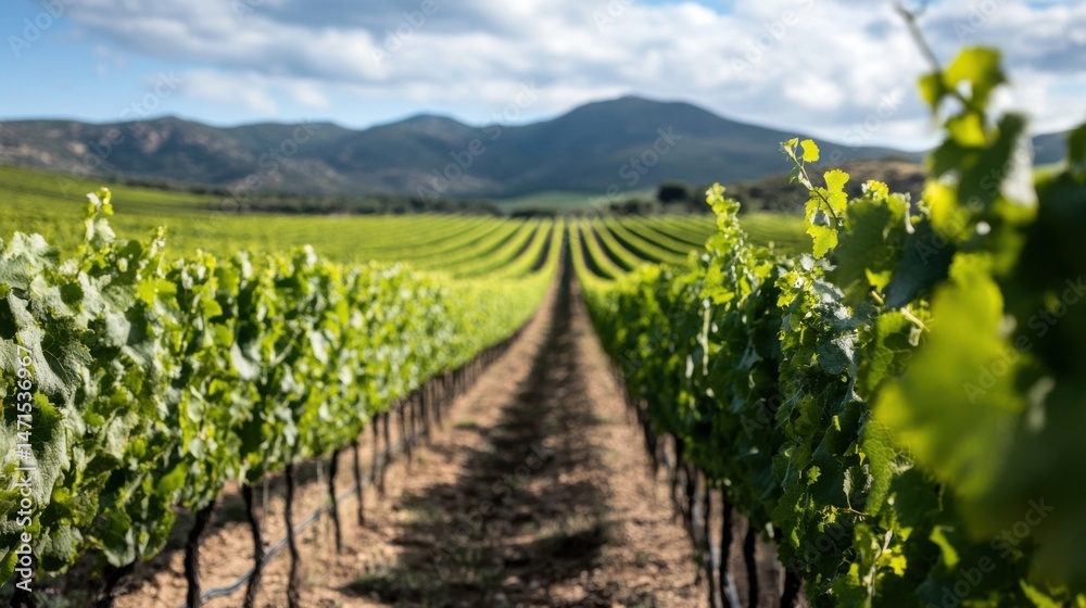 Naklejka premium Vineyard Rows Stretch Towards Distant Mountains Under a Sunny Sky, showcasing lush green grapevines ready for harvest. : Generative AI