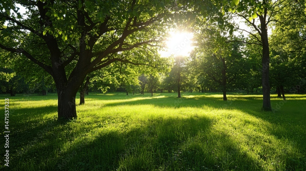 Obraz premium Sunlit meadow with large deciduous trees casting shadows on vibrant green grass, creating a serene and peaceful natural landscape. : Generative AI