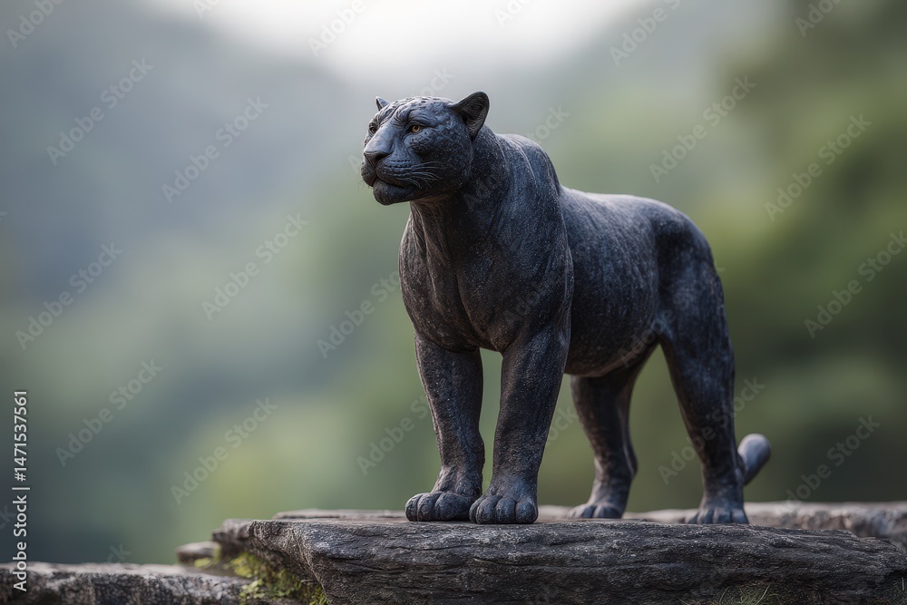 Fototapeta premium Majestic black panther statue on a rocky outcrop.
