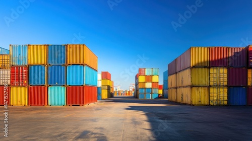 Wallpaper Mural Wide view, massive shipping yard, neatly stacked colorful cargo containers, clear blue sky, industrial environment, global trade hub, commercial logistics, export concept, banner, advertisement Torontodigital.ca