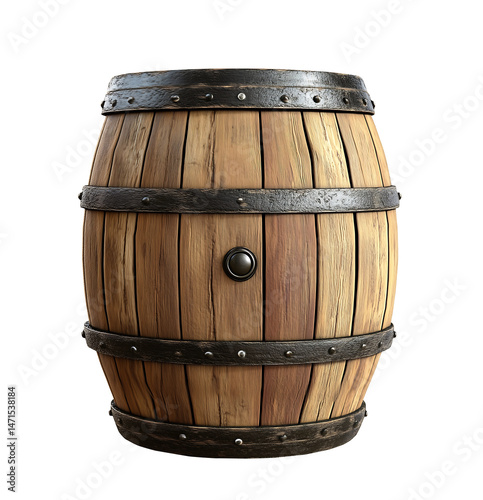 Vintage wooden barrel with metal hoops isolated on white