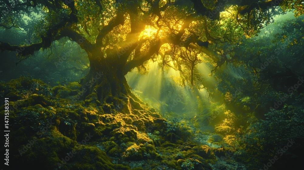 Fototapeta premium Sunlight streams through ancient forest