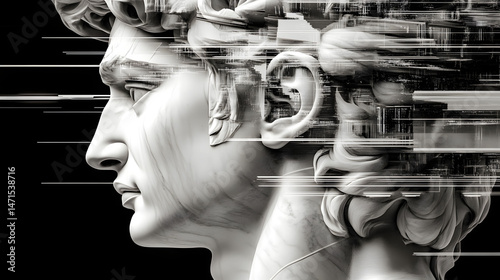 Glitched Marble Sculpture Head Profile, Black and White Abstract Art
