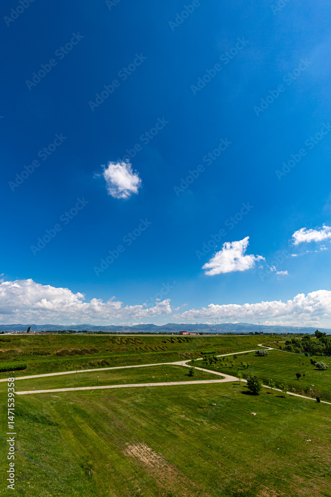 Grass field and blue sky in sunny day