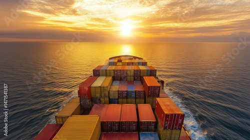 Wallpaper Mural Aerial view of cargo ship with colorful containers, deep blue ocean, clear sky, organized logistics, clean top view, global shipping, commercial transport, banner, maritime freight, banner, sunset. Torontodigital.ca