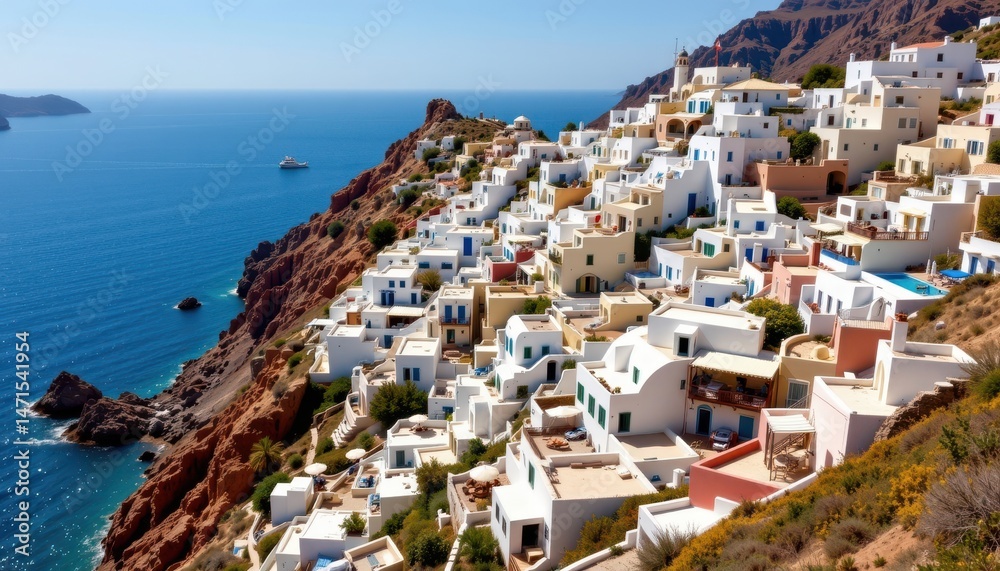 Naklejka premium a picturesque coastal village perched on cliffs overlooking the ocean