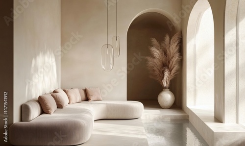Loft home interior with beige sofa and terra cotta pillows near arched window and stucco wall in modern living room design
 photo