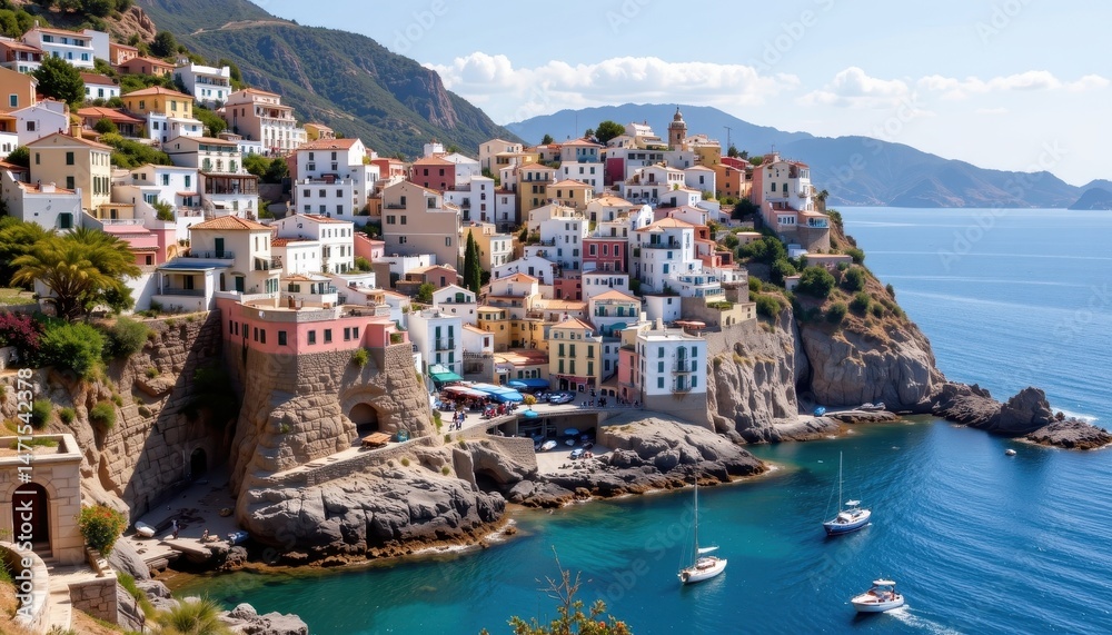 Naklejka premium a coastal town built into cliffs. it is nestled on a rocky promontory with a backdrop of blue sea