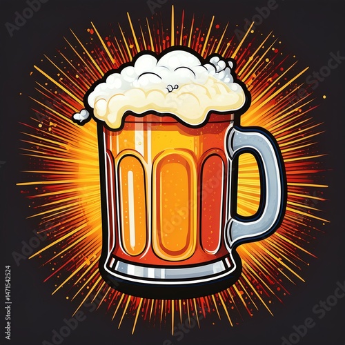 Vibrant beer mug illustration with frothy foam and explosive background.