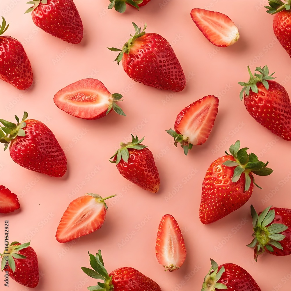 a delightful arrangement of fresh, red strawberries, some whole and others cut to reveal their juicy interiors, scattered across a soft pink background a delightful arrangement of fresh, red strawberries, some whole and others cut to reveal their juicy interiors, scattered across a soft pink background