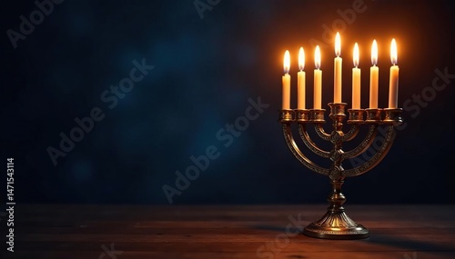 A traditional menorah lit for Hanukkah, glowing warmly against a dark background , festive, jewish