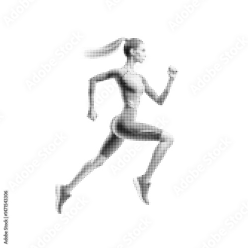 Halftone illustration of a male or female athlete running, dynamic motion pose, vintage comic book style, high-contrast black and white dots, retro sports poster aesthetic, energetic background