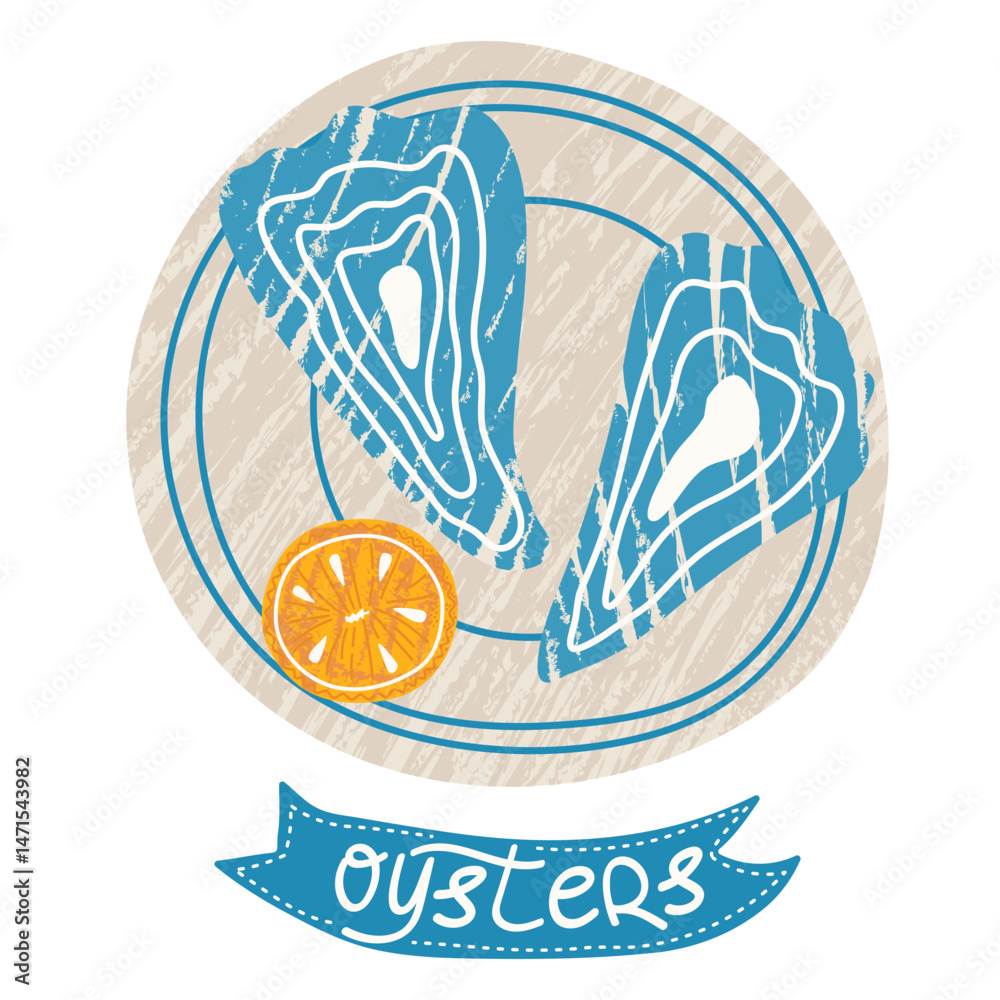 Oysters with slice of lemon on plate. Hand-drawn seafood art in rustic colors. Oysters with slice of lemon on plate. Hand-drawn seafood art in rustic colors.