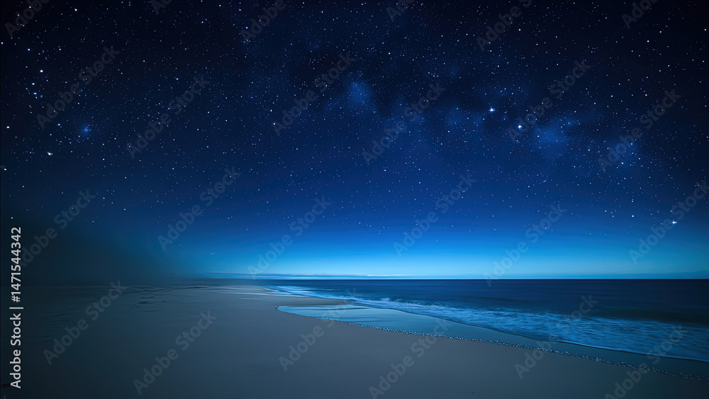 Fototapeta premium Serene night sky illuminated with stars over a calm ocean and sandy beach landscape