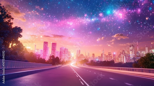 Urban road illuminated in neon purple and blue, starry cosmos above with digital tech motifs