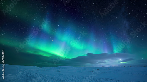 Breathtaking aurora borealis display over snowy landscape under a starry illuminated night sky
