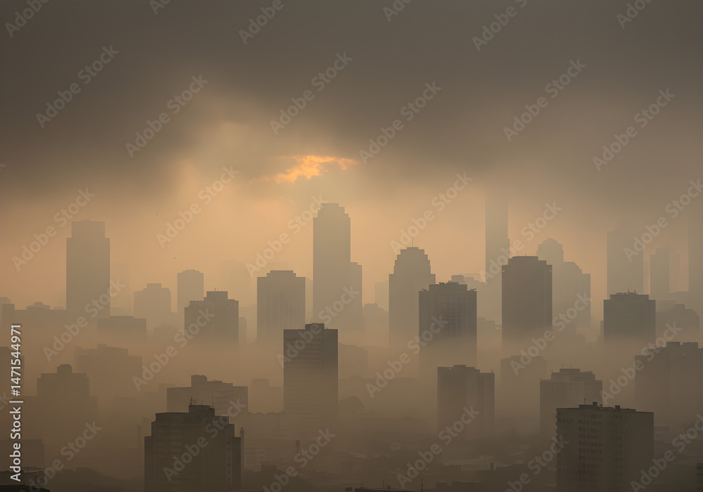 Naklejka premium A misty view of a city skyline enveloped in fog during dusk, highlighting the silhouettes of tall buildings and a mysterious atmosphere.