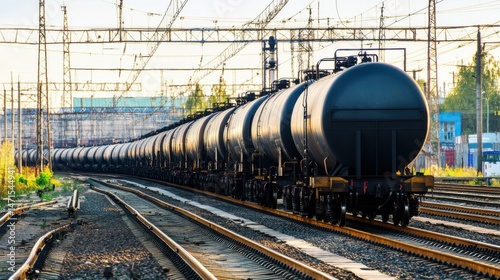 Wallpaper Mural Railway massive fuel tanker train cars, glossy metallic surfaces reflecting bright lighting, clean industrial railway environment, energy transport, commercial logistics, fuel supply chain Torontodigital.ca