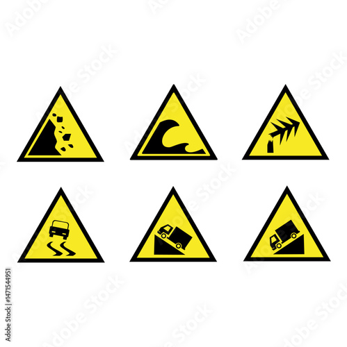Caution icon set : landslide prone area, tsunami hazard, many fallen trees, slippery roads, steep inclines, sharp descents