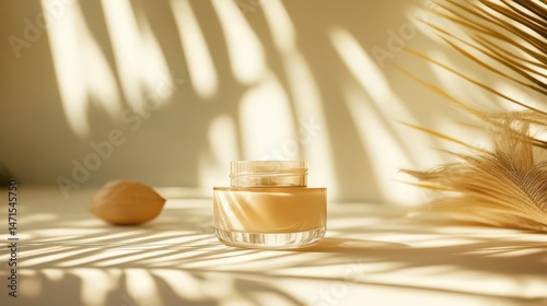 A jar of cream surrounded by natural elements and soft shadows.