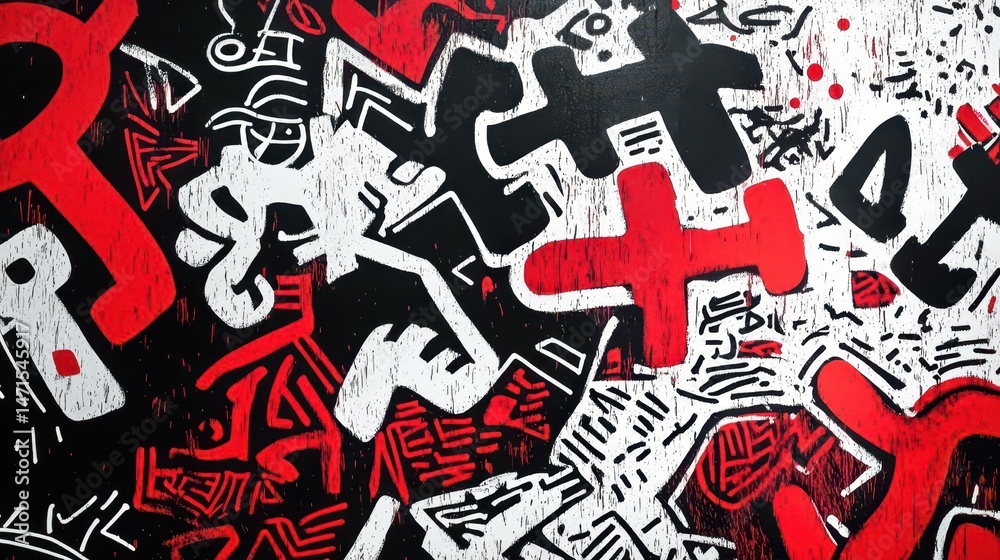 Obraz premium Abstract artwork featuring dynamic patterns and bold colors in red, black, and white.