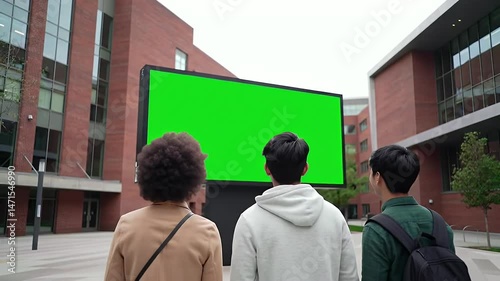 Students Facing Green Screen Billboard on Campus