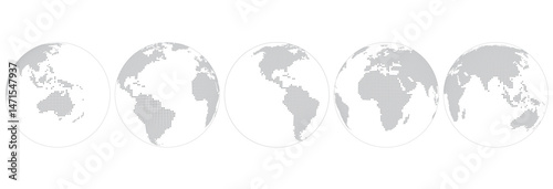 World map in form ball with dots, Europe, Africa, Asia, America, Australia front view. Set icons flat globes with continents of all countries.