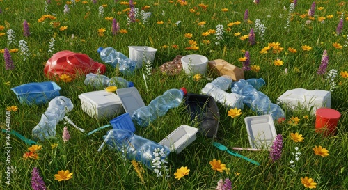 Plastic waste polluting a vibrant meadow