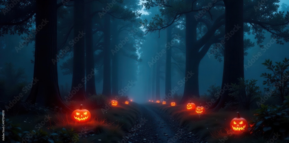 Fototapeta premium Sinister black trees, glowing pumpkins, misty forest path , autumn, ai generated