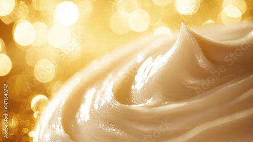 A close-up of creamy substance with a shimmering golden background.