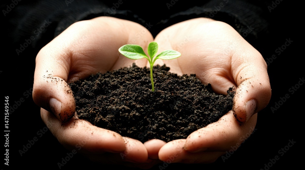 Two hands support a small green plant emerging from dark, fertile soil, symbolizing care for nature and the environment Two hands support a small green plant emerging from dark, fertile soil, symbolizing care for nature and the environment