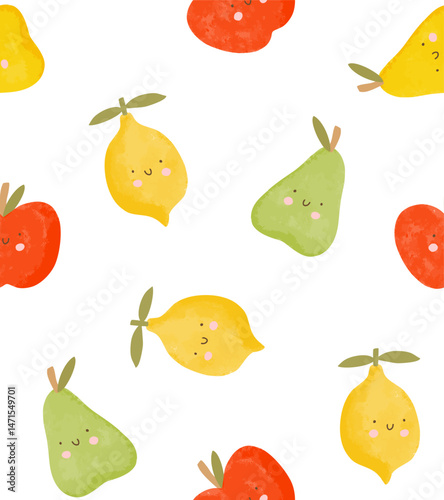 Cute Seamless Vector Pattern With Hand Drawn Happy Lemon, Pear And Apple On A White Background. Lovely Endless Fruit Print. Bright Simple Wallpaper With Smiling Kawaii Fruits. 