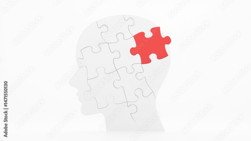 White Puzzle Head Silhouette with Red Missing Piece on a Minimalist Background White Puzzle Head Silhouette with Red Missing Piece on a Minimalist Background