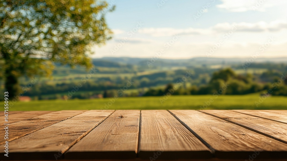 Fototapeta premium Beautiful wooden table set against a serene landscape during golden hour