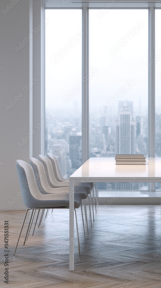 Fototapeta premium Modern office interior, featuring a white table, light gray chairs, and a city view from large windows. Showcase of minimalist workspace design