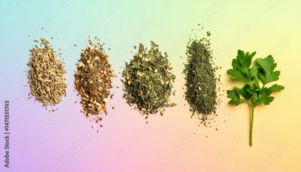 Fototapeta premium Exploring culinary herbs kitchen food photography colorful background close-up flavor infusion