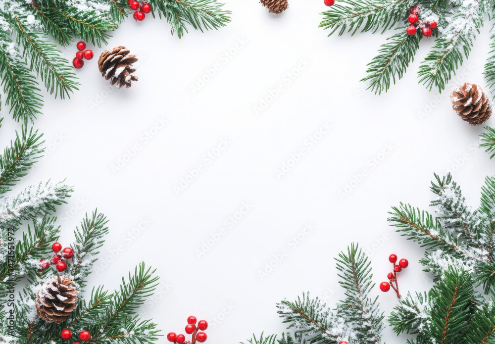 Snowy fir branches, pine cones, and red berries create a festive winter frame on a white background, perfect for holiday cards or invitations. : Generative AI Snowy fir branches, pine cones, and red berries create a festive winter frame on a white background, perfect for holiday cards or invitations. : Generative AI
