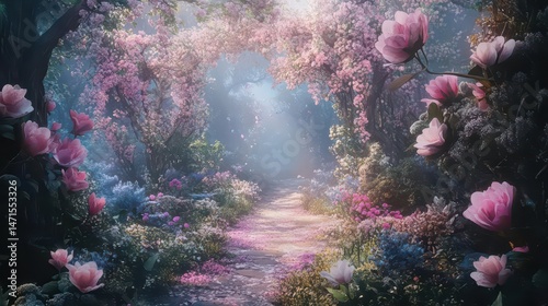 A serene pathway through a vibrant, flower-filled forest illuminated by soft light.