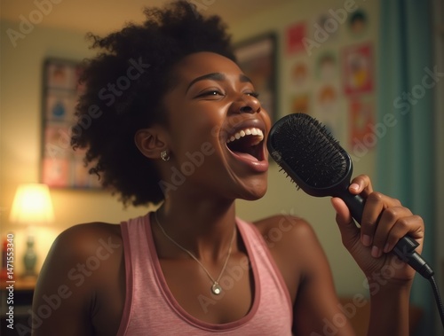 Black teen enjoying pretend karaoke performance at home

