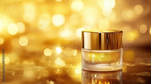 A luxurious skincare cream jar with a golden lid, set against a sparkling golden background.