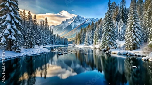 Serene Winter Wonderland A Tranquil River Reflects Snow-Covered Trees and Majestic Mountains