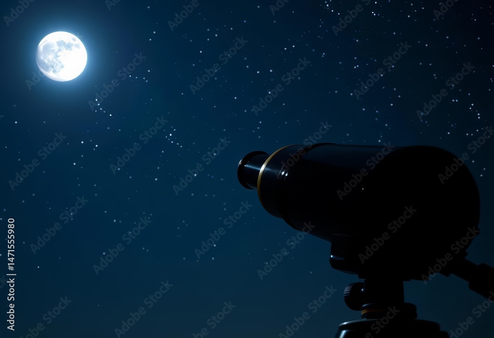 Telescope pointed at bright moon and star-filled sky, serene night, stars, stargazing