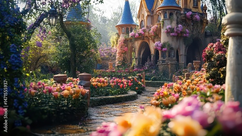 A whimsical garden with colorful flowers and a fairytale-like castle.