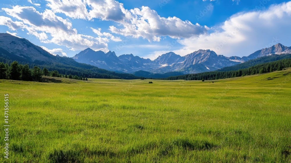 Obraz premium Serene mountain meadow landscape with lush green grass under a bright blue sky, featuring a majestic mountain range in the background. : Generative AI
