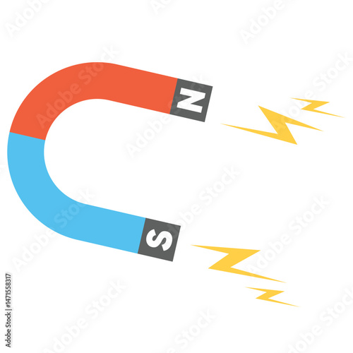 Red and Blue Horseshoe Magnet Icon with Magnetic Force Lines horseshoe magnet on a white background