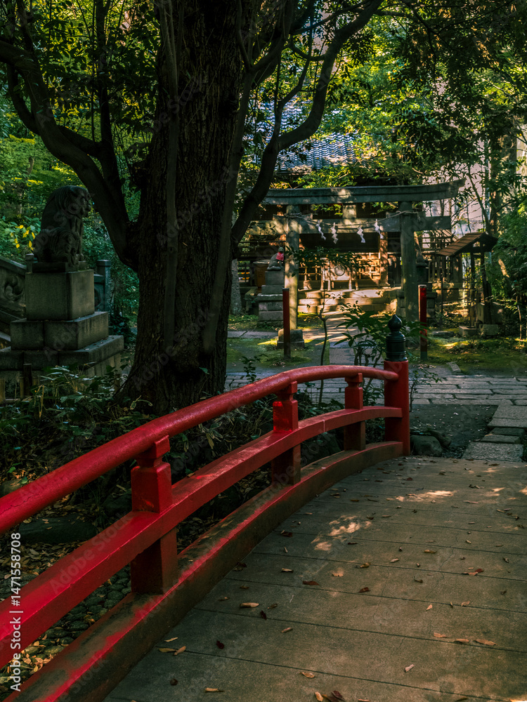 A wooden bridge in the garden ofthe Saigyo Inari shrine in Tokyo in autumn A wooden bridge in the garden ofthe Saigyo Inari shrine in Tokyo in autumn