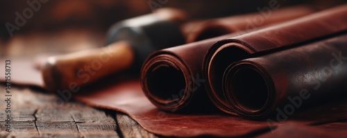 A cobbler's workstation is characterized by an assortment of leather and tools, all neatly arranged on a wooden surface, highlighting the shoemaker's trade